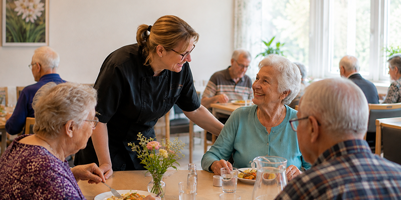 Kokk serverer lunsj til smilende beboere i et lyst spiserom på sykehjem. AI-generert illustrasjon.
